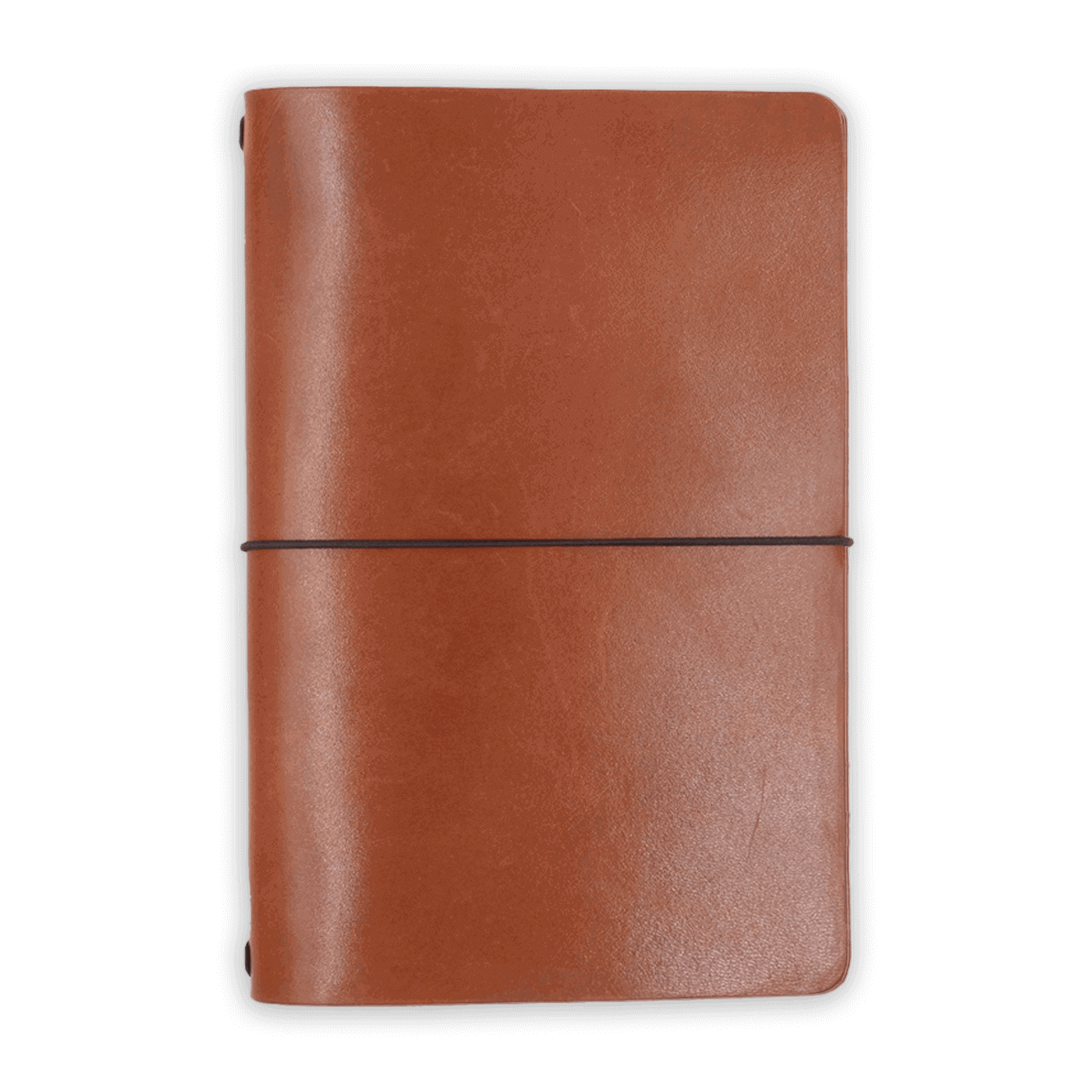 Brown glazed leather journal cover closed view with elastic strap.