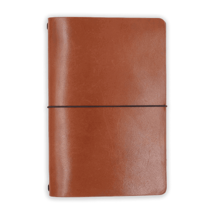 Brown glazed leather journal cover closed view with elastic strap.