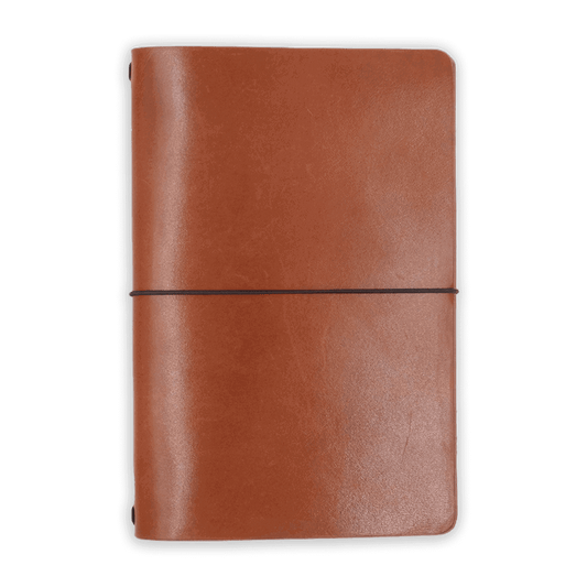 Brown glazed leather journal cover closed view with elastic strap.