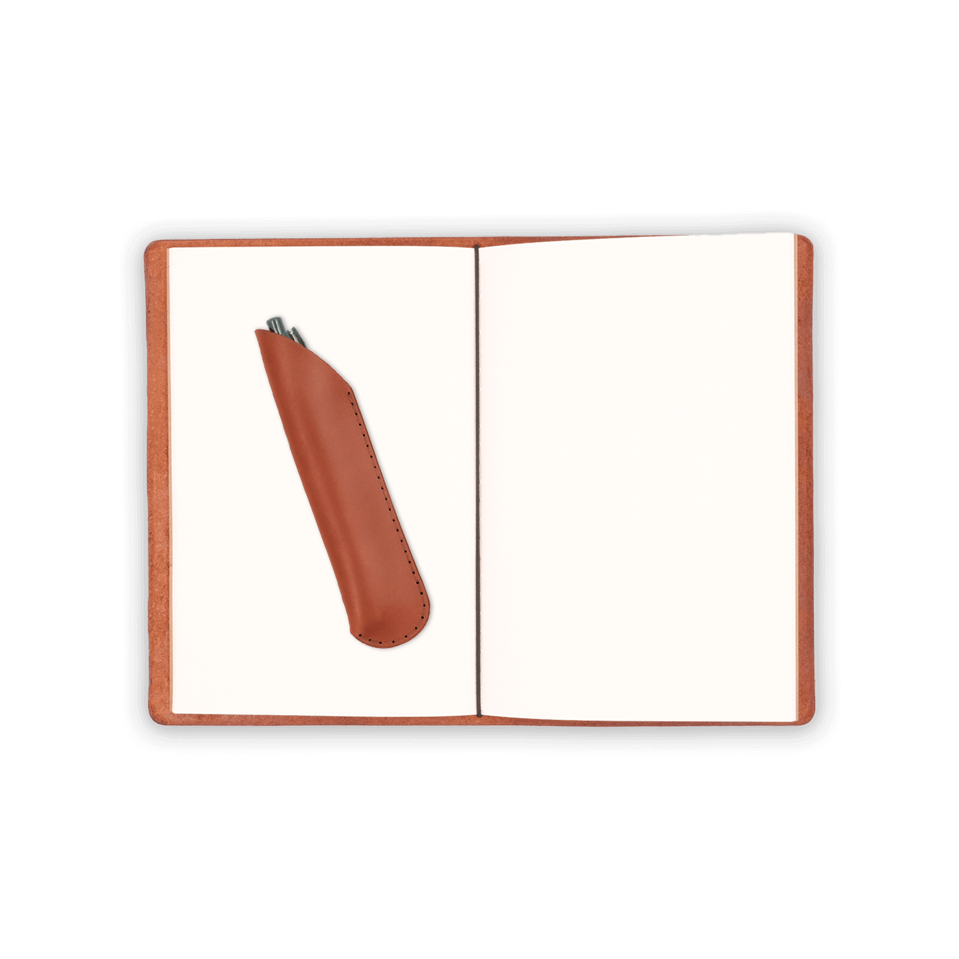 Brown glazed leather journal cover open view with blank notebook, pen in brown leather pen sheath, and elastic strap.