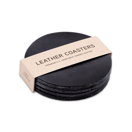 Black leather round coasters set