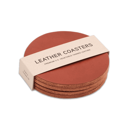 Brown leather round coasters set