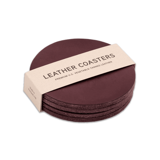 Burgundy leather round coasters stack