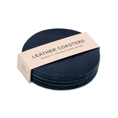 Navy leather round coasters set