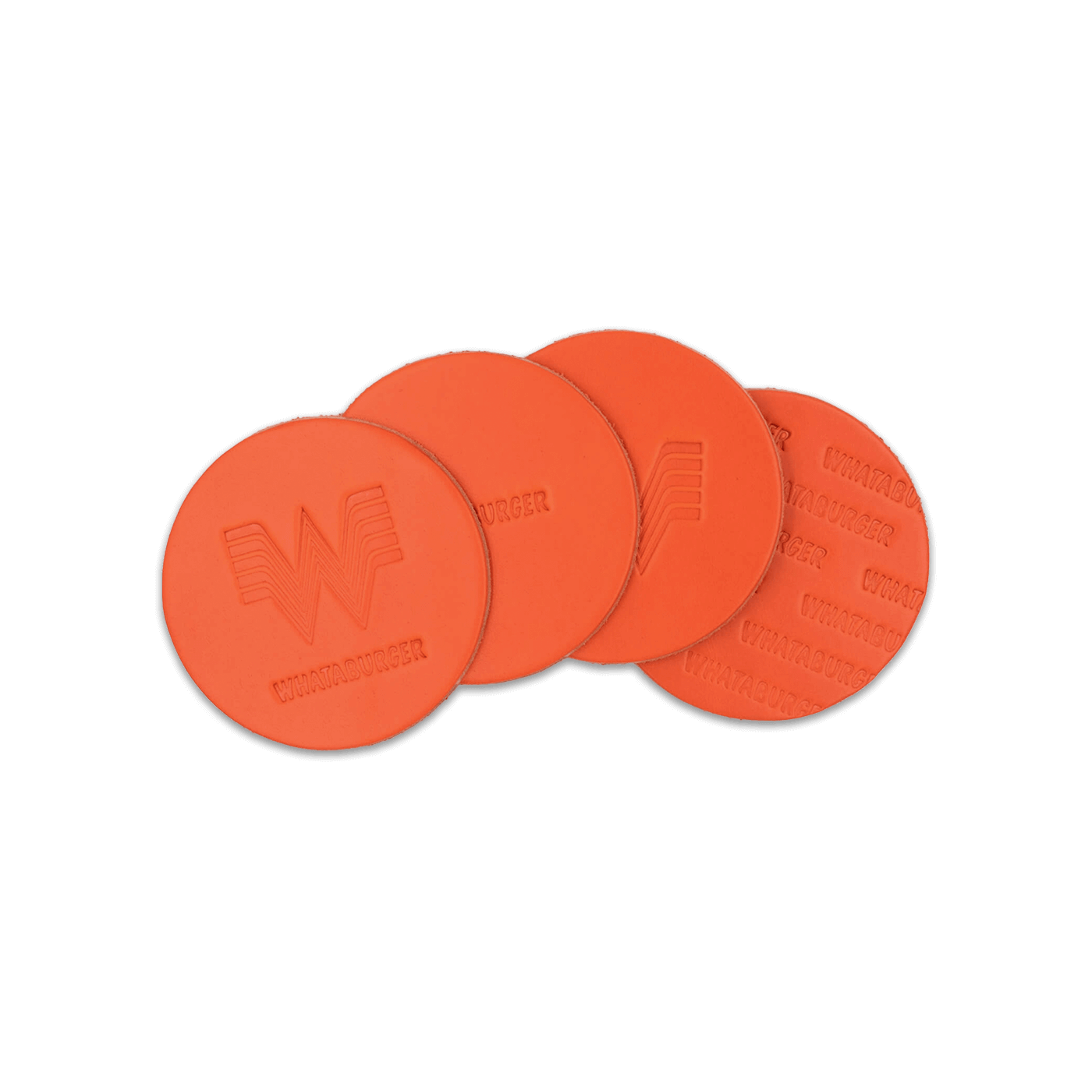 Orange leather round coasters spread out with Whataburger logo