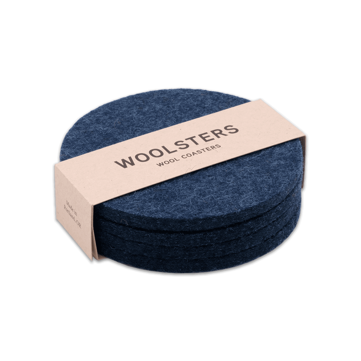 Navy wool round coaster set stacked.