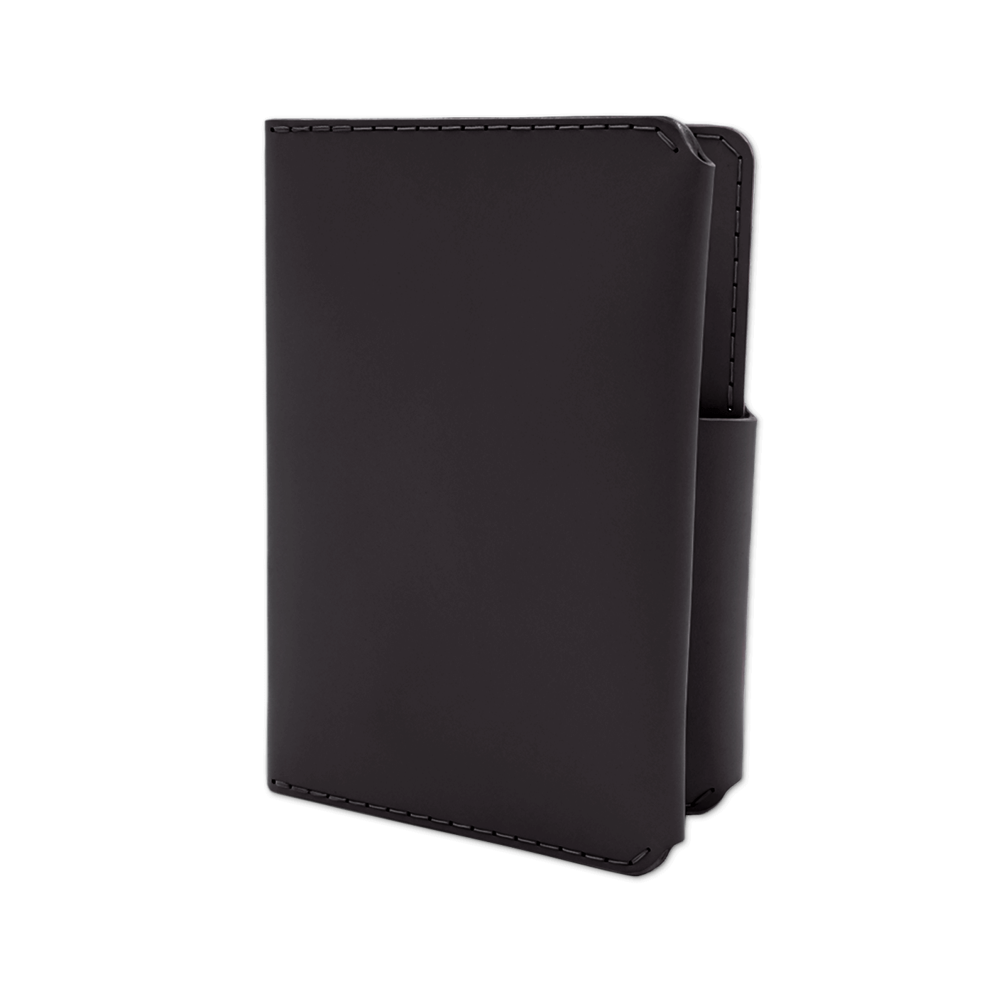 Black leather passport wallet 3/4 angle view.