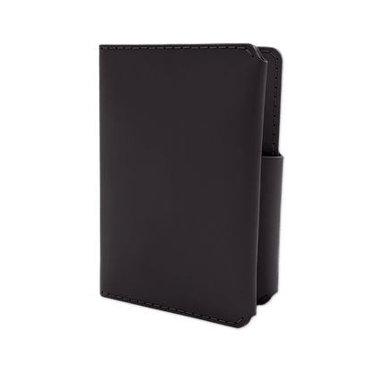 Black leather passport wallet 3/4 angle view.