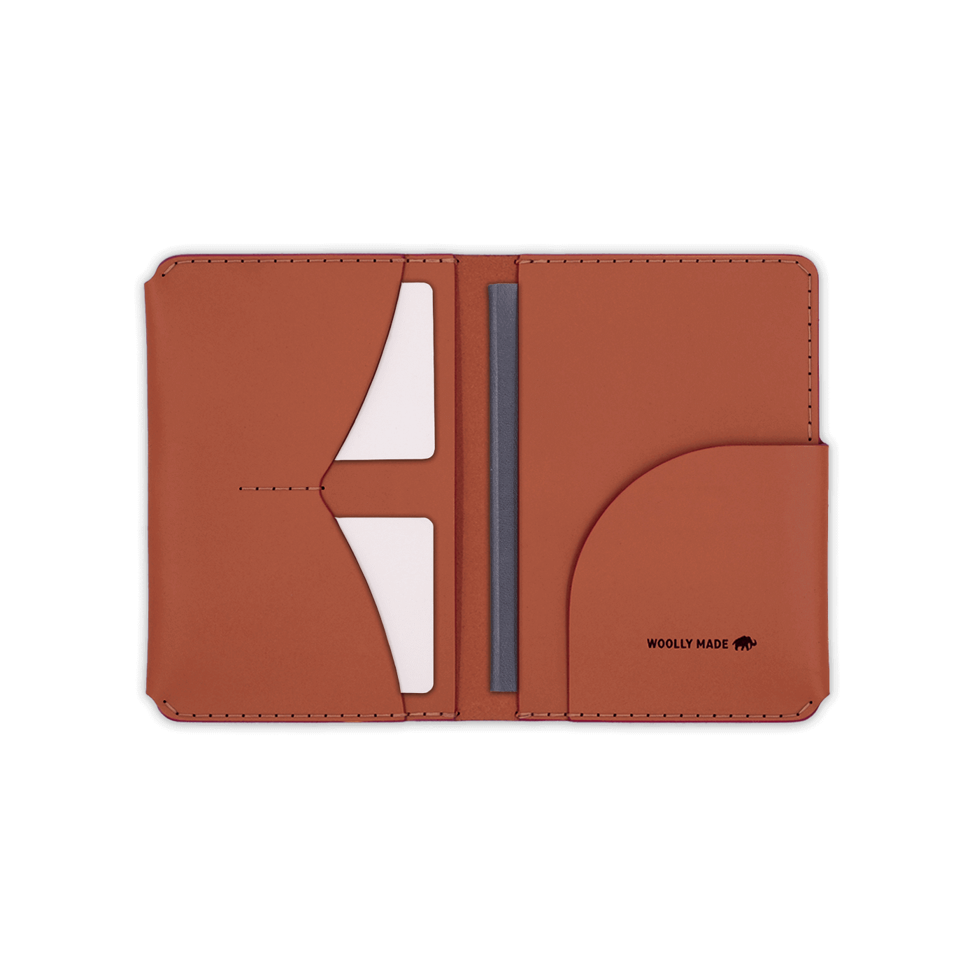 Brown leather passport wallet open view with Woolly Made logo, passport and white cards.