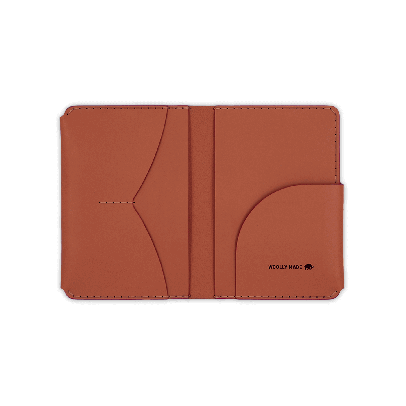 Brown leather passport wallet open view with Woolly Made logo.