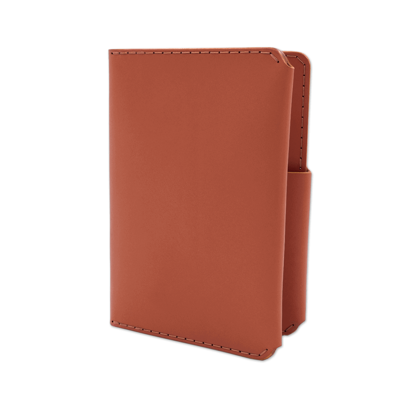 Brown leather passport wallet 3/4 angle view.