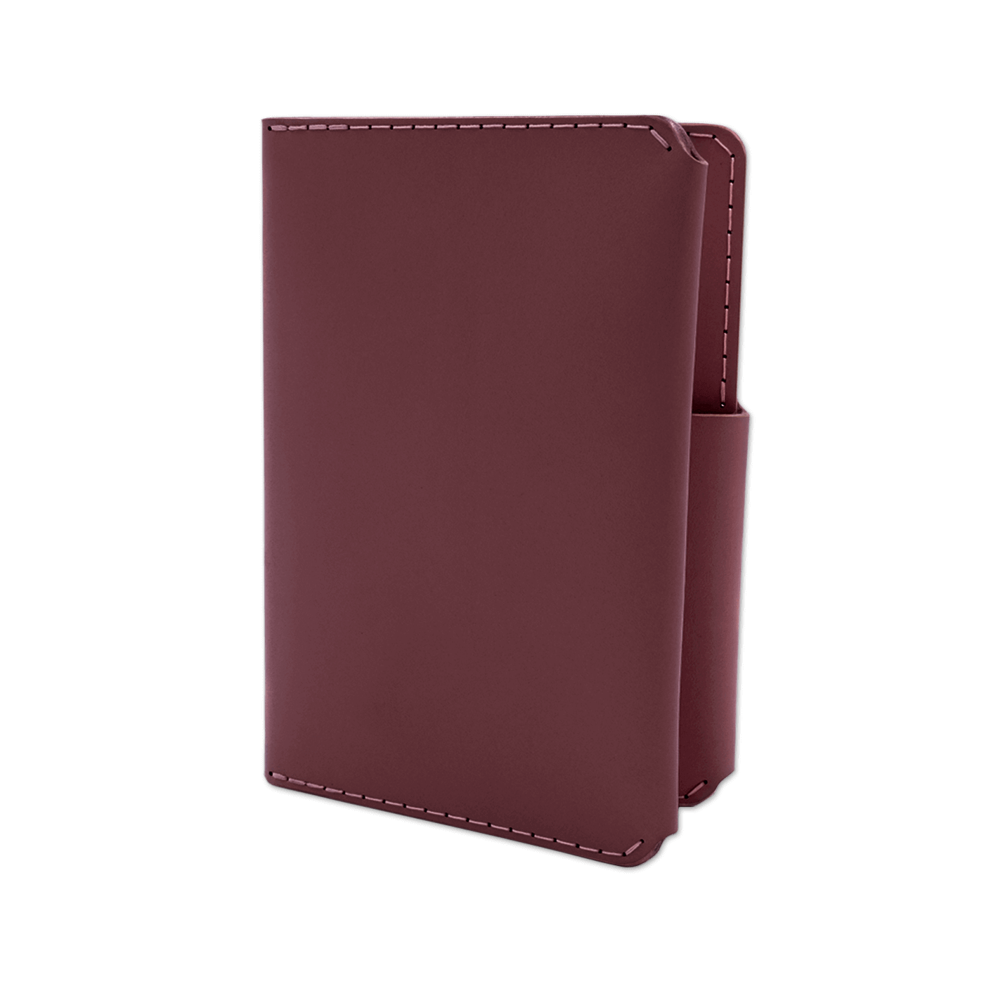 Burgundy leather passport wallet 3/4 angle view.