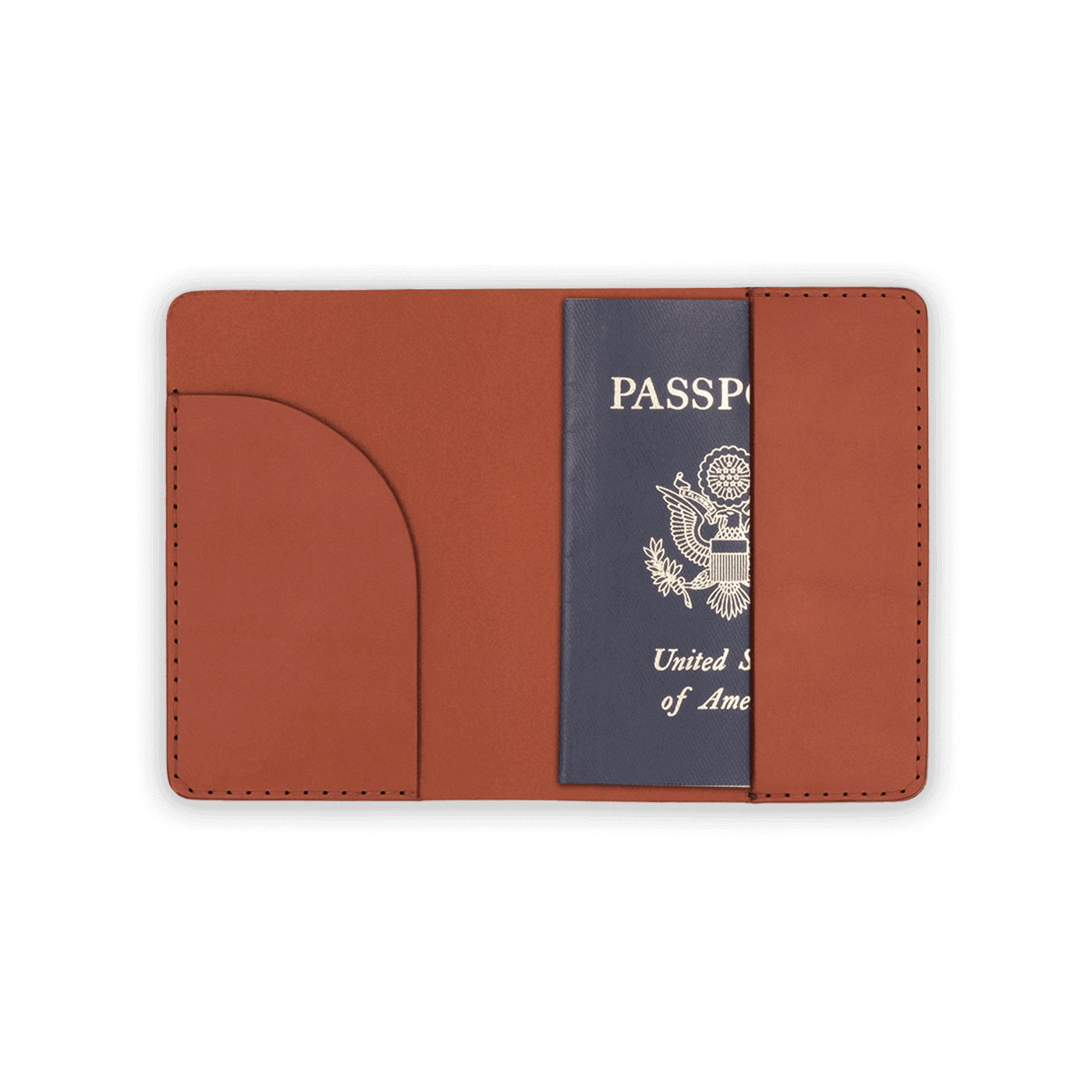 Brown leather Passport Cover open view with passport.