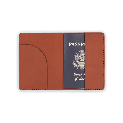 Brown leather Passport Cover open view with passport.