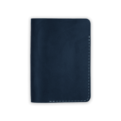 Navy leather Passport Cover closed view.