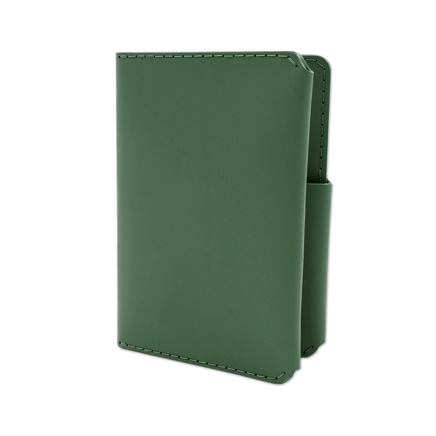 Green leather passport wallet 3/4 angle view.