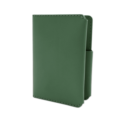 Green leather passport wallet 3/4 angle view.