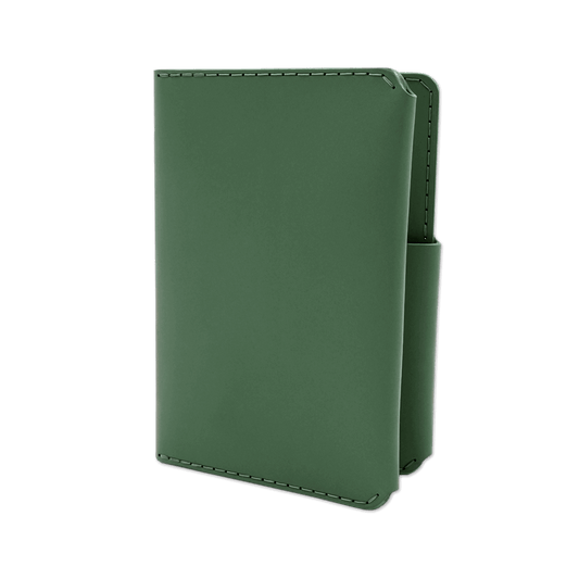 Green leather passport wallet 3/4 angle view.