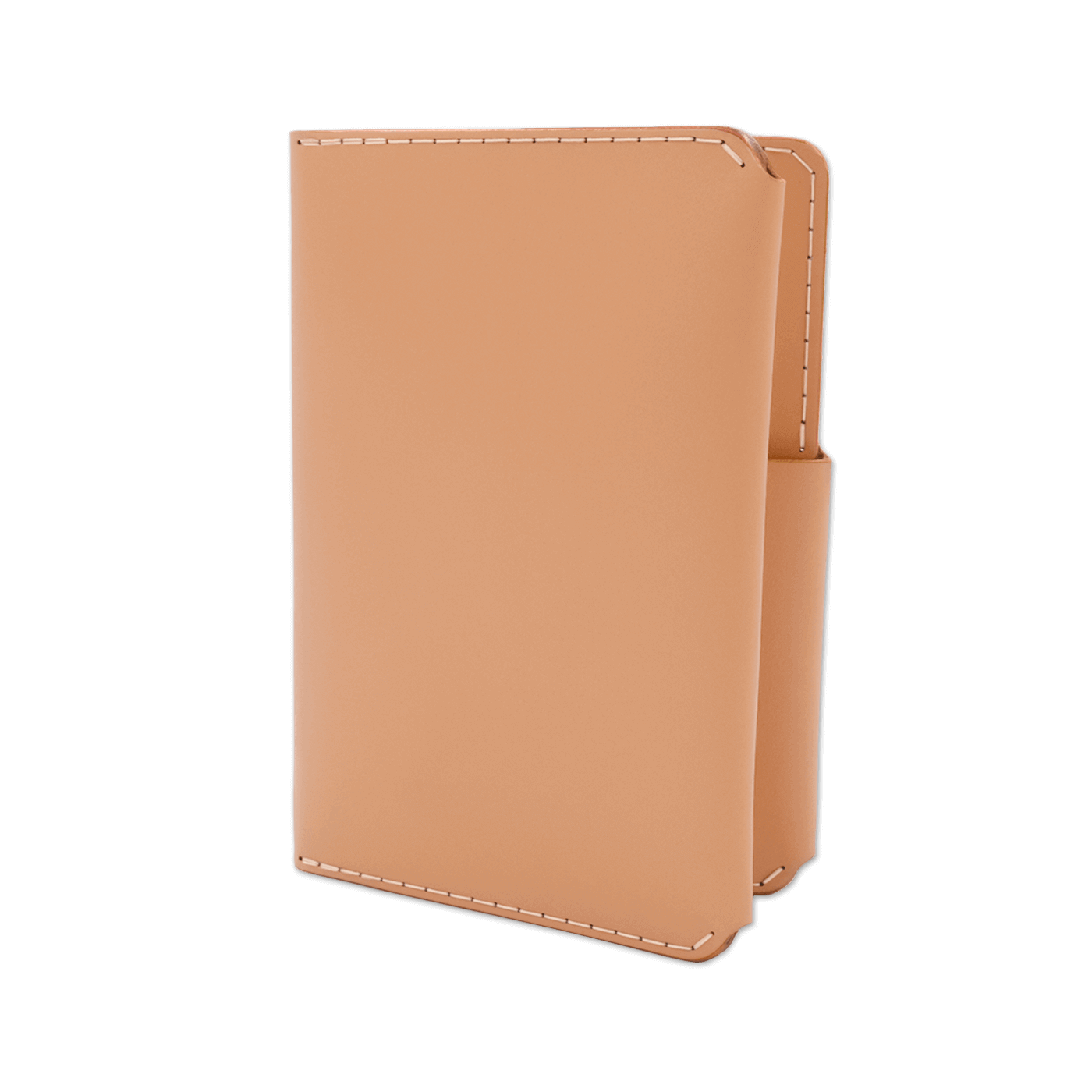 Natural leather passport wallet 3/4 angle view.