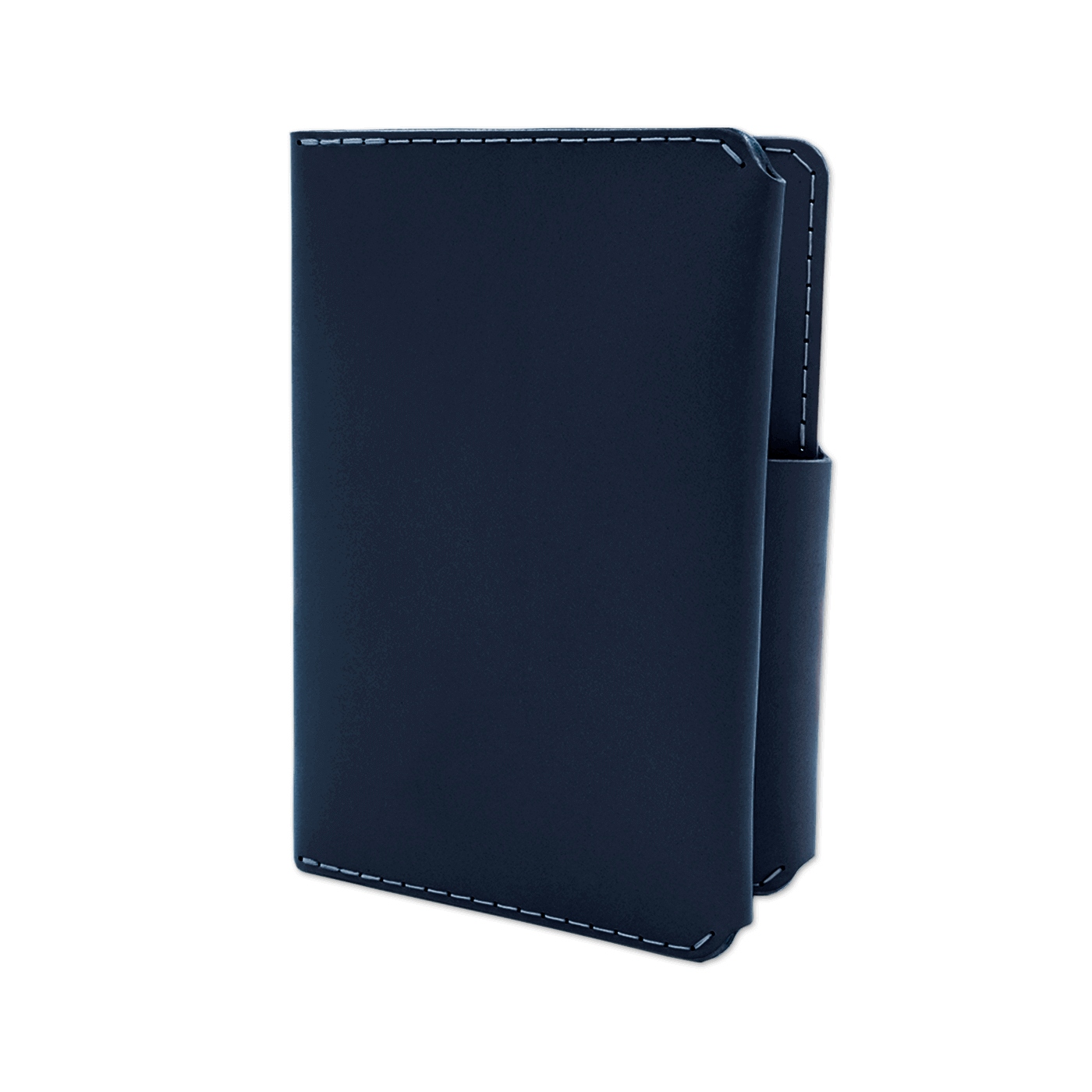 Navy leather passport wallet 3/4 angle view.