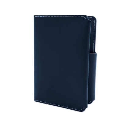 Navy leather passport wallet 3/4 angle view.