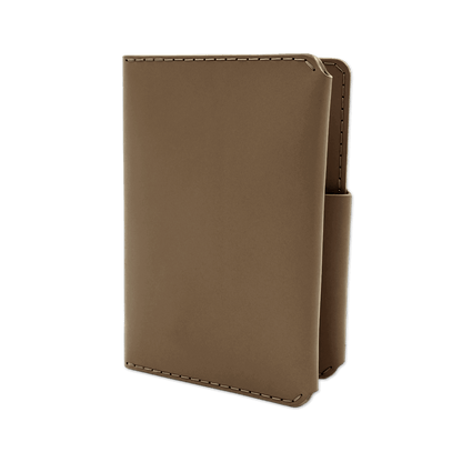 Olive leather passport wallet 3/4 angle view.