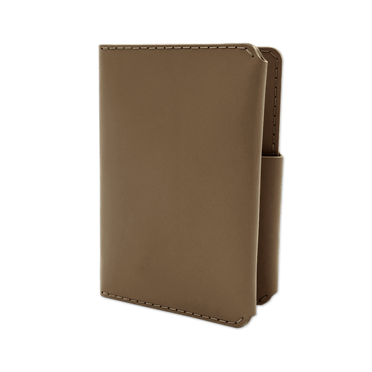 Olive leather passport wallet 3/4 angle view.
