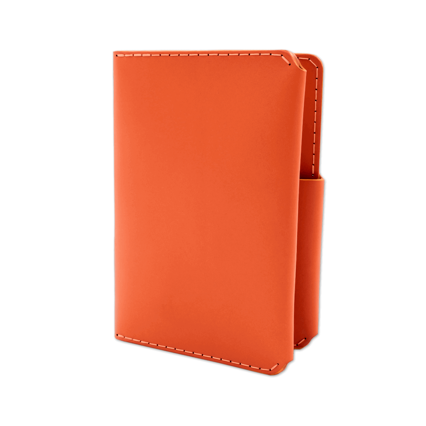 Orange leather passport wallet 3/4 angle view.