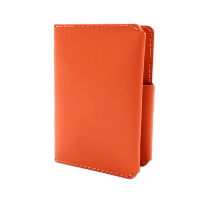 Orange leather passport wallet 3/4 angle view.