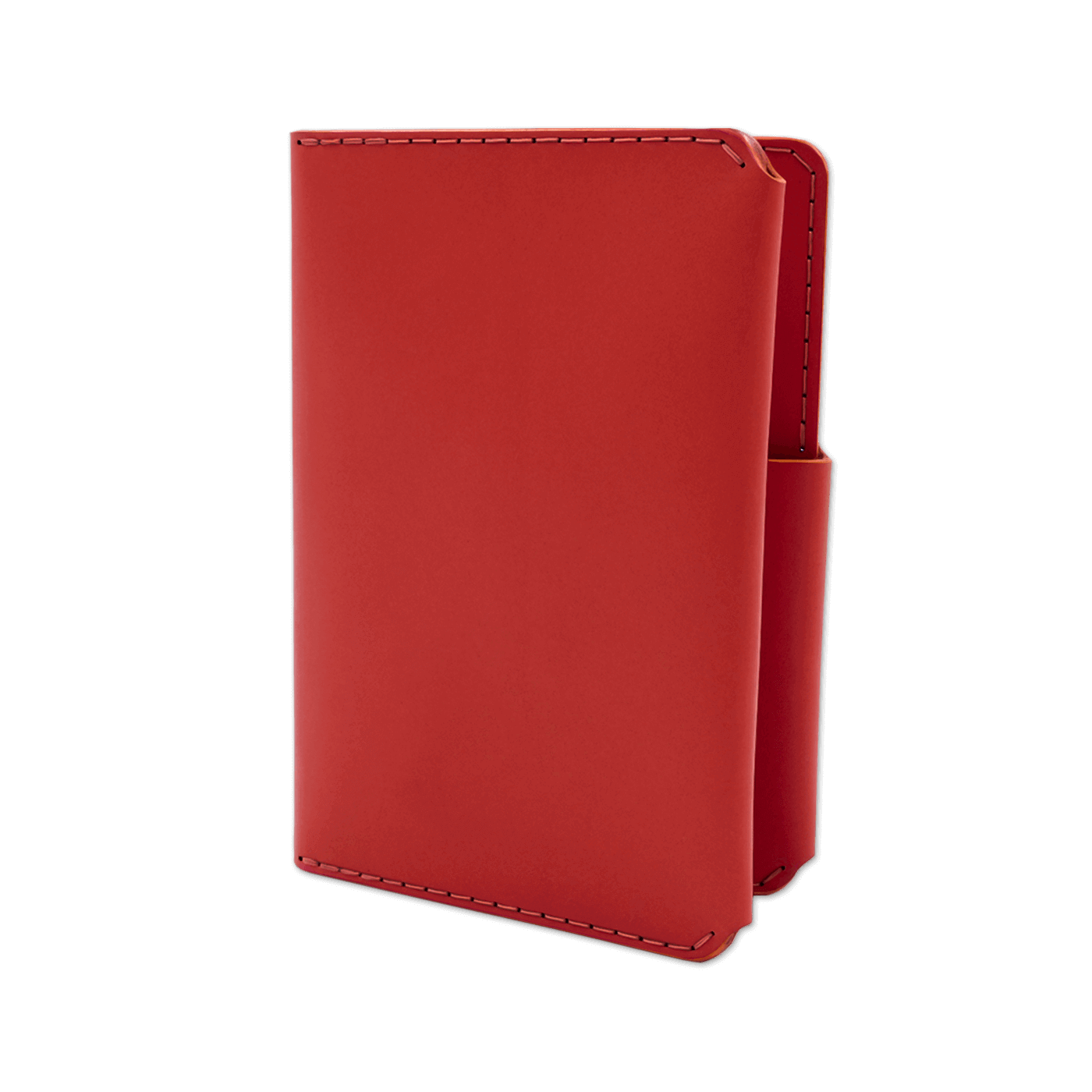 Red leather passport wallet 3/4 angle view.