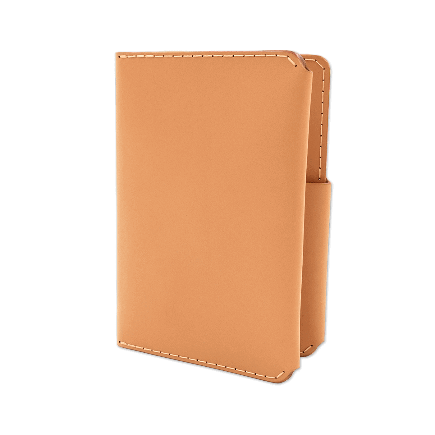 Tan leather passport wallet 3/4 angle view.