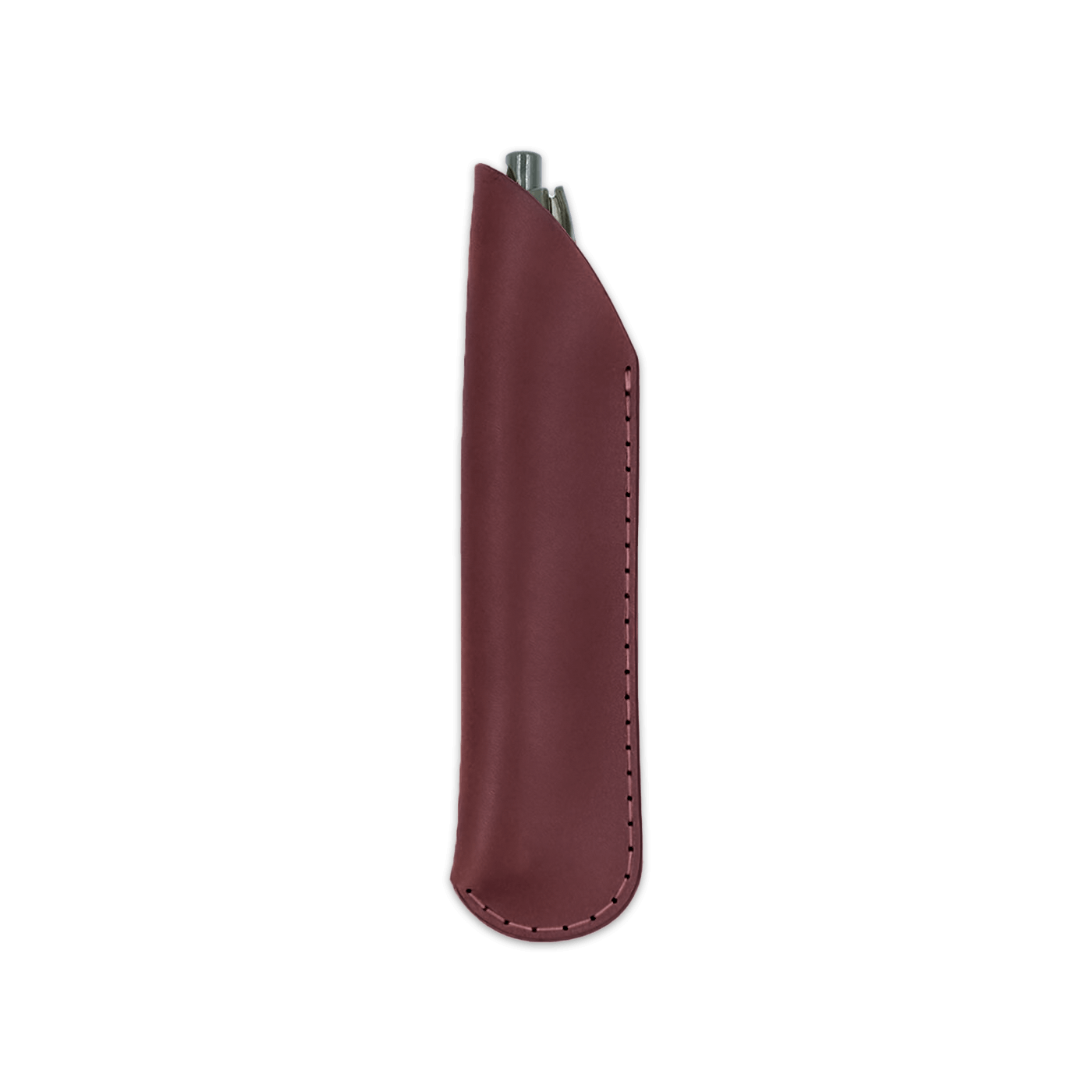 Burgundy leather pen sheath with pen.