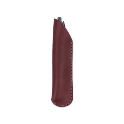 Burgundy leather pen sheath with pen.