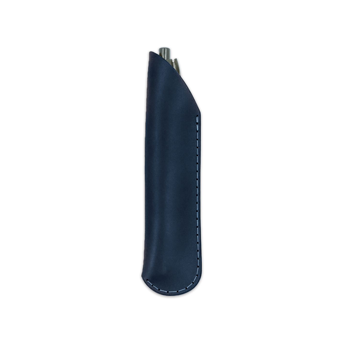 Navy leather pen sheath with pen.