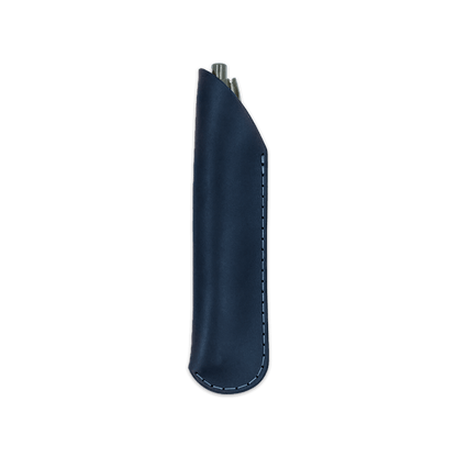 Navy leather pen sheath with pen.