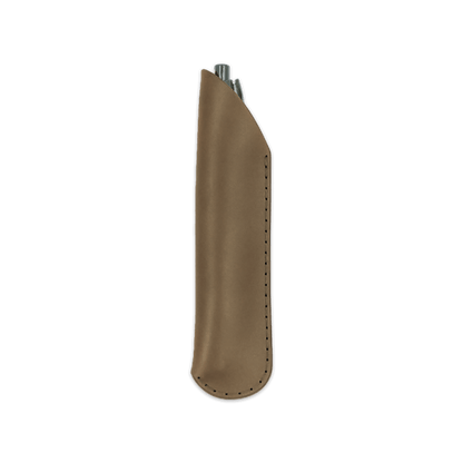 Olive leather pen sheath with pen.