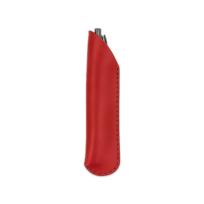 Red leather pen sheath with pen.