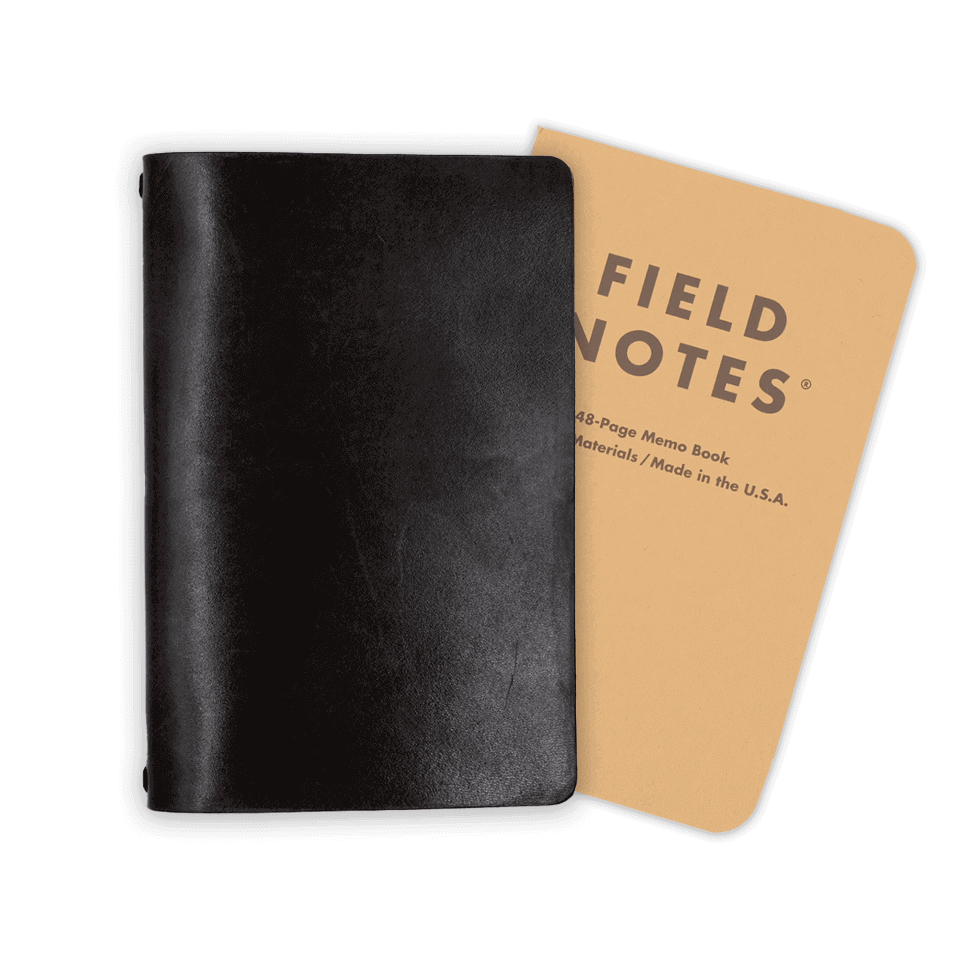 Black glazed leather journal cover closed view with Field Notes notebook.