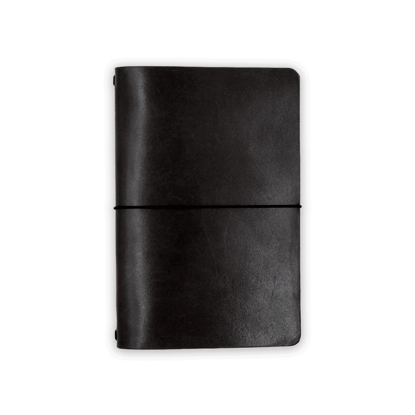 Black glazed leather journal cover closed view with elastic strap.