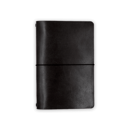 Black glazed leather journal cover closed view with elastic strap.