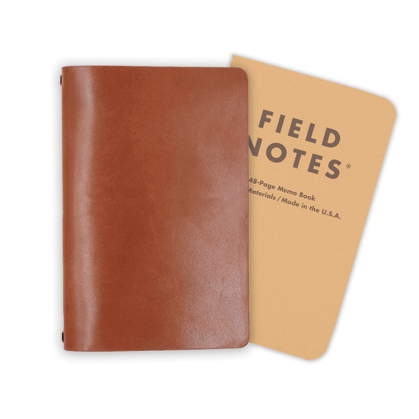 Brown glazed leather journal cover closed view with Field Notes notebook.