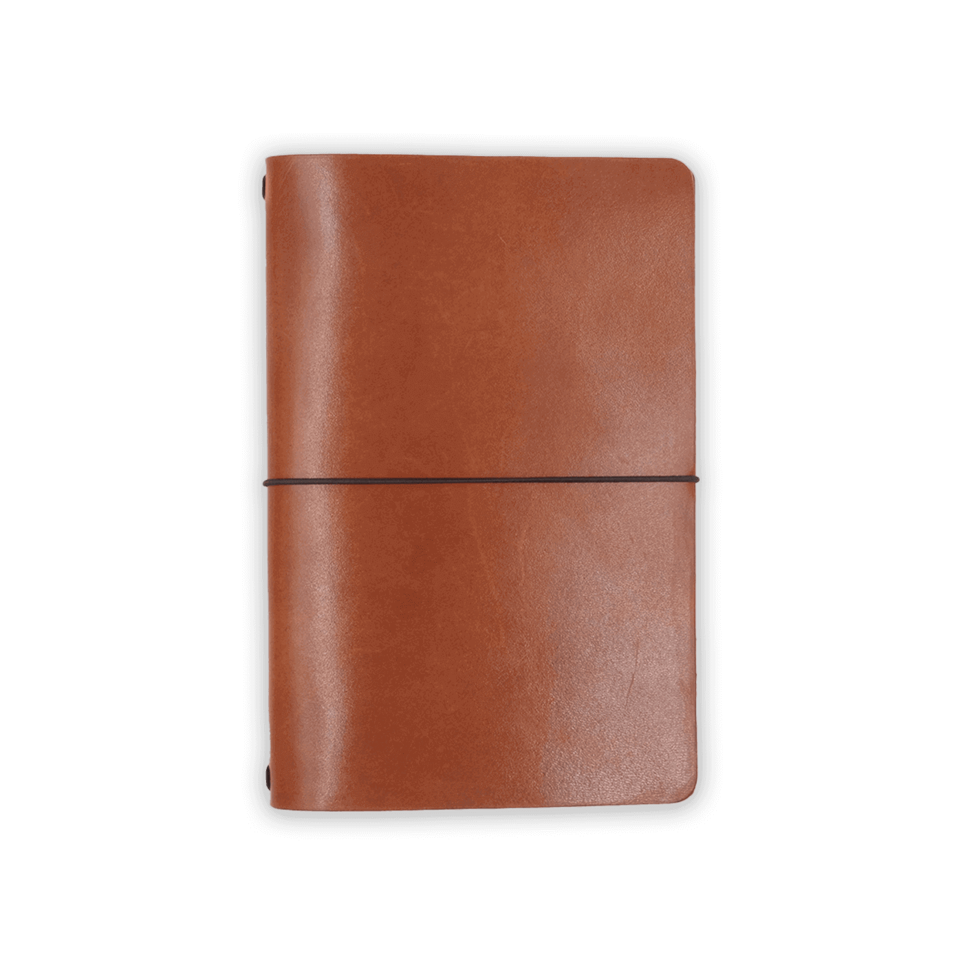 Brown glazed leather journal cover closed view with elastic strap.