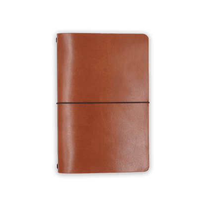 Brown glazed leather journal cover closed view with elastic strap.