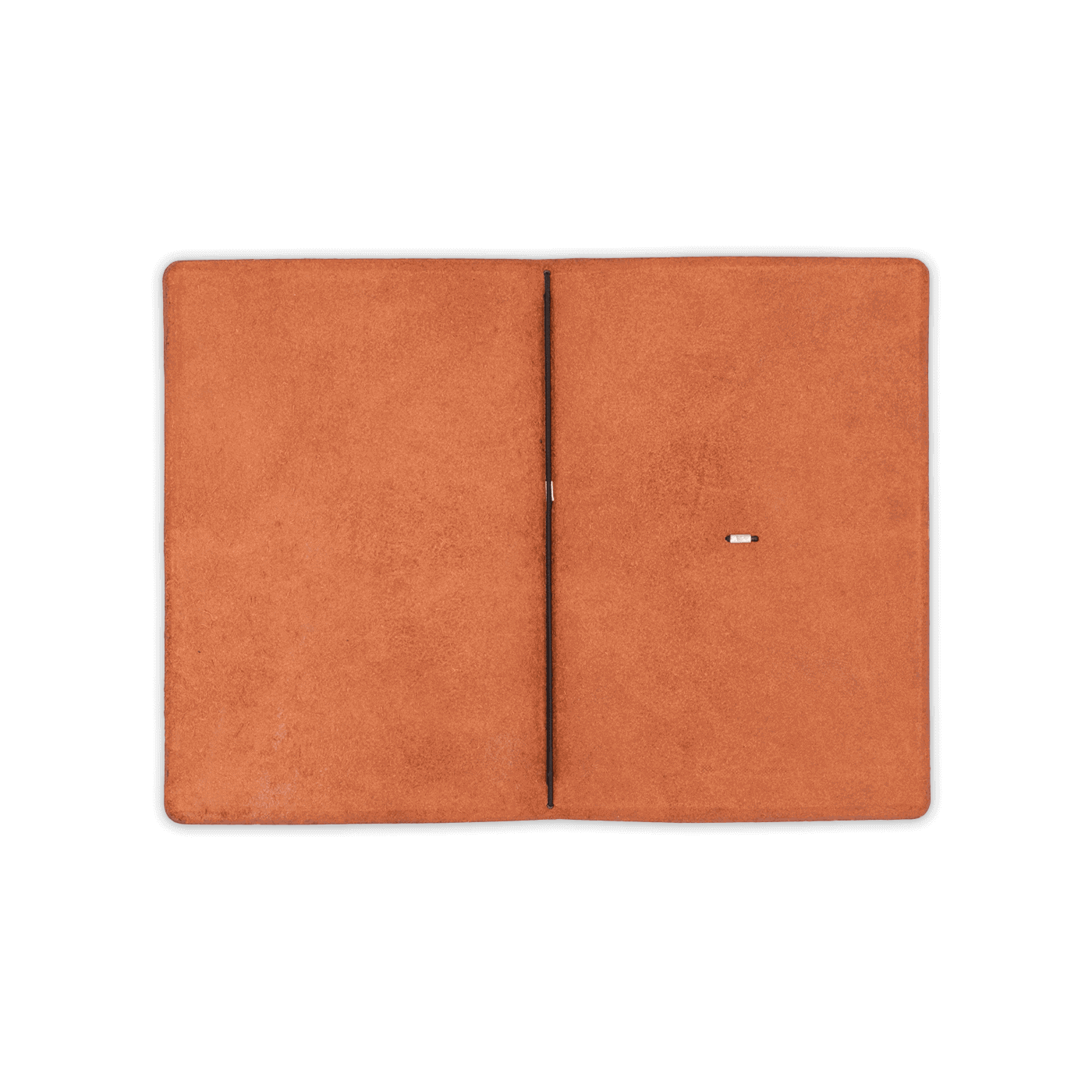 Brown glazed leather journal cover open view with elastic strap.