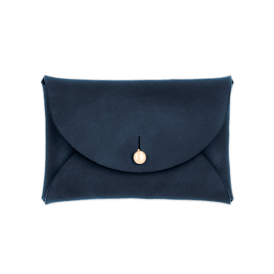 Navy leather Pouch Wallet closed view with brass hardware.