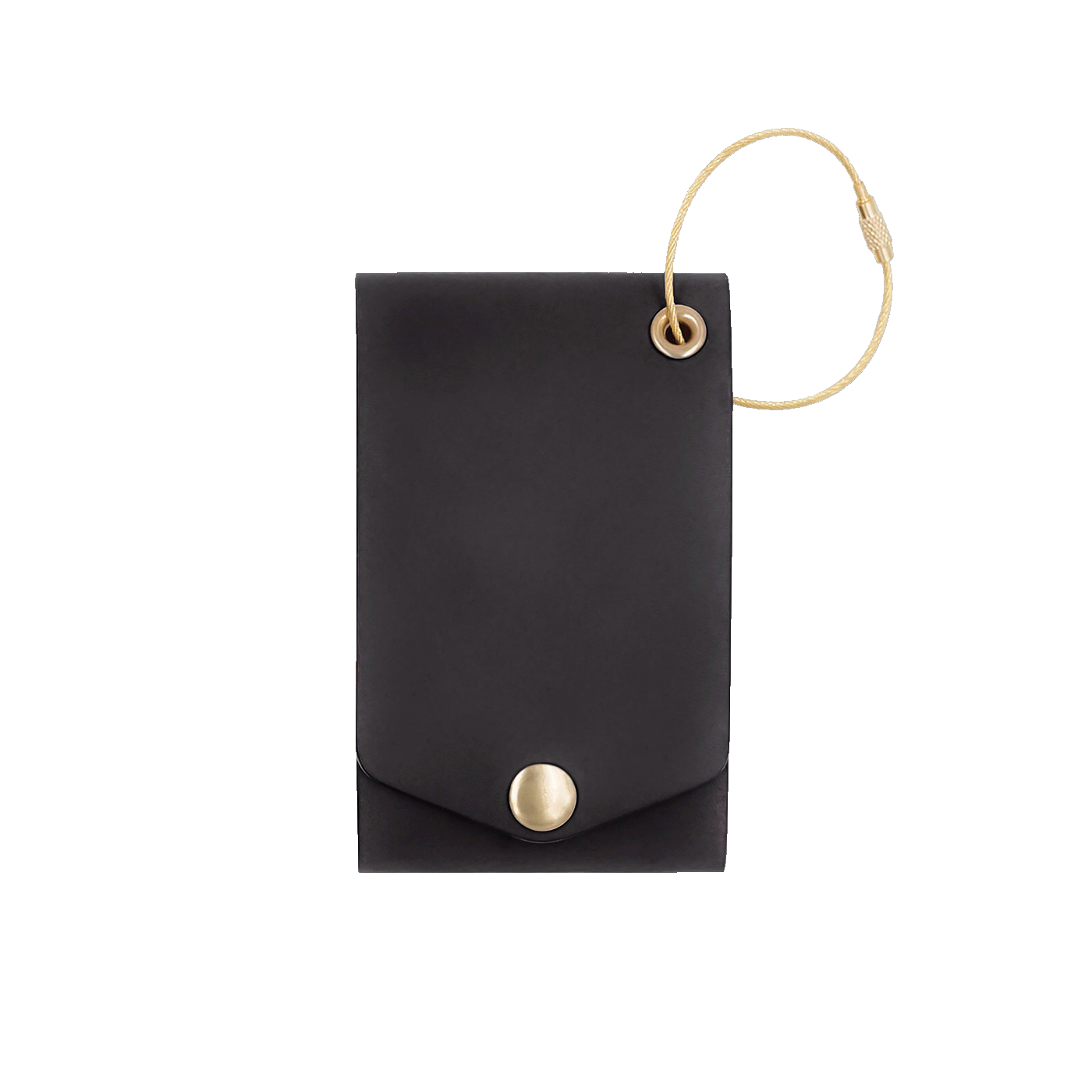 Black leather luggage tag with fold closure and brass hardware.