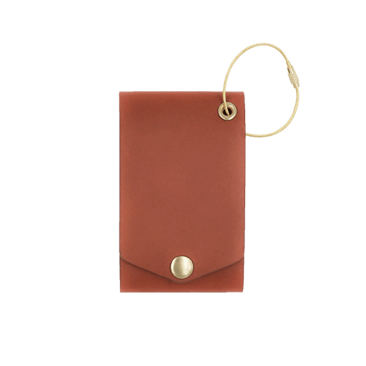 Brown leather luggage tag with fold closure and brass hardware.