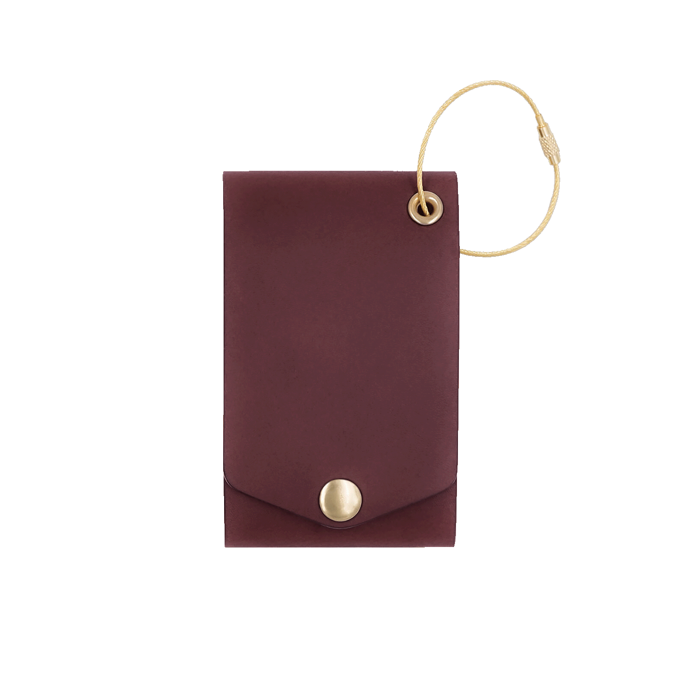 Burgundy leather luggage tag with fold closure and brass hardware.