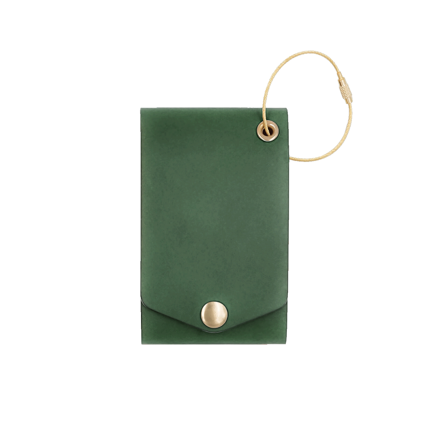 Green leather luggage tag with fold closure and brass hardware.