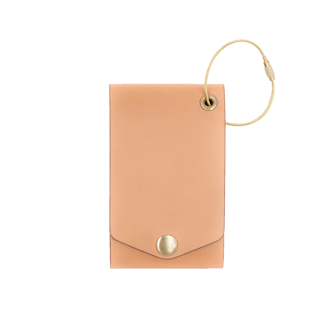 Natural leather luggage tag with fold closure and brass hardware.